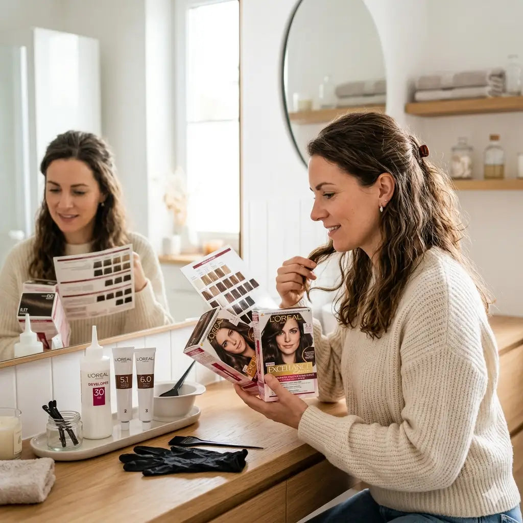 Woman in a bathroom looking at hair color samples